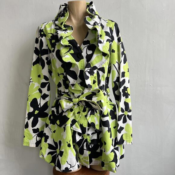 Joseph Ribkoff Jackets & Blazers - Joseph Ribkoff Women’s Floral Ruffle Jacket Coat Size 12 Green Black Y2K Artsy